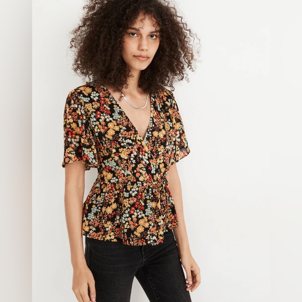 Madewell Short-Sleeve Peplum Wrap Top in Flower Garden